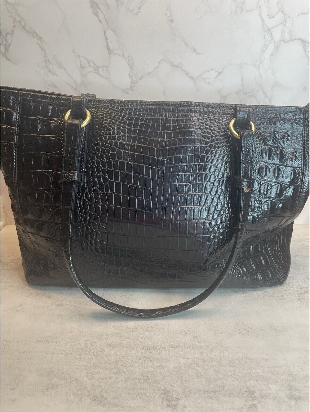 BRAHMIN Black Croc Embossed Melbourne Leather Shoulder Bag Gold Tone Hardware - Picture 6 of 11